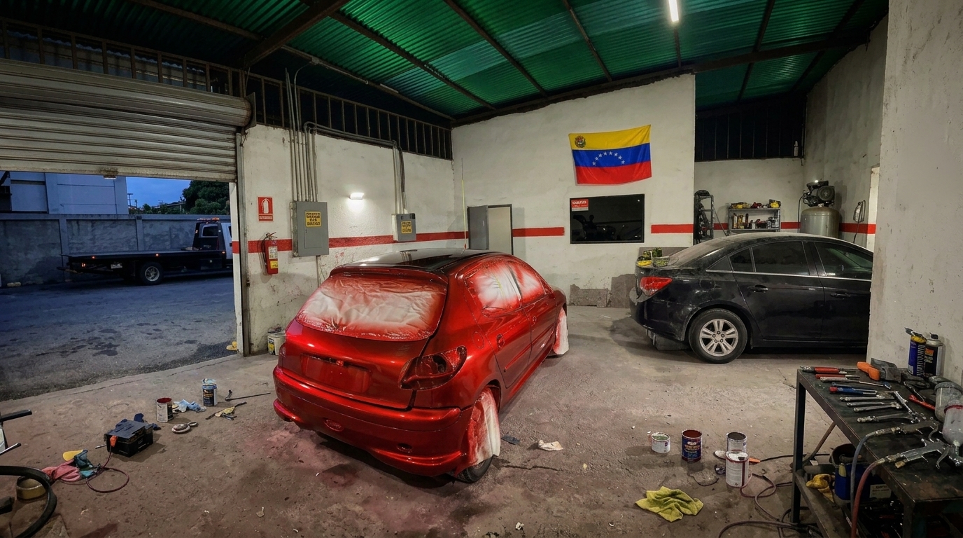 Taller de carrocería y pintura con vehículos en proceso de reparación